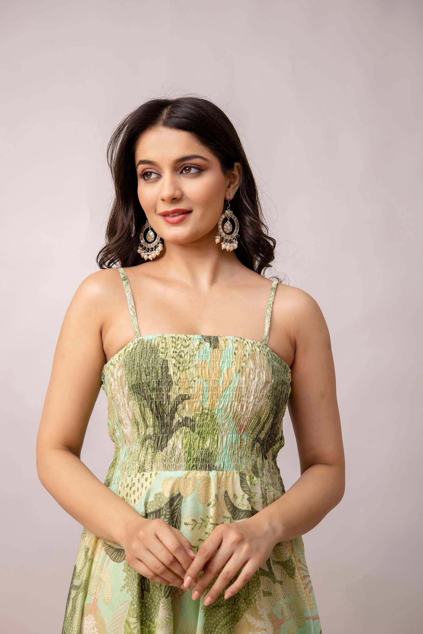 Women's Silk Printed Shoulder Straps Sleeveless Anarkali Gown Drees (Green) - Image 3