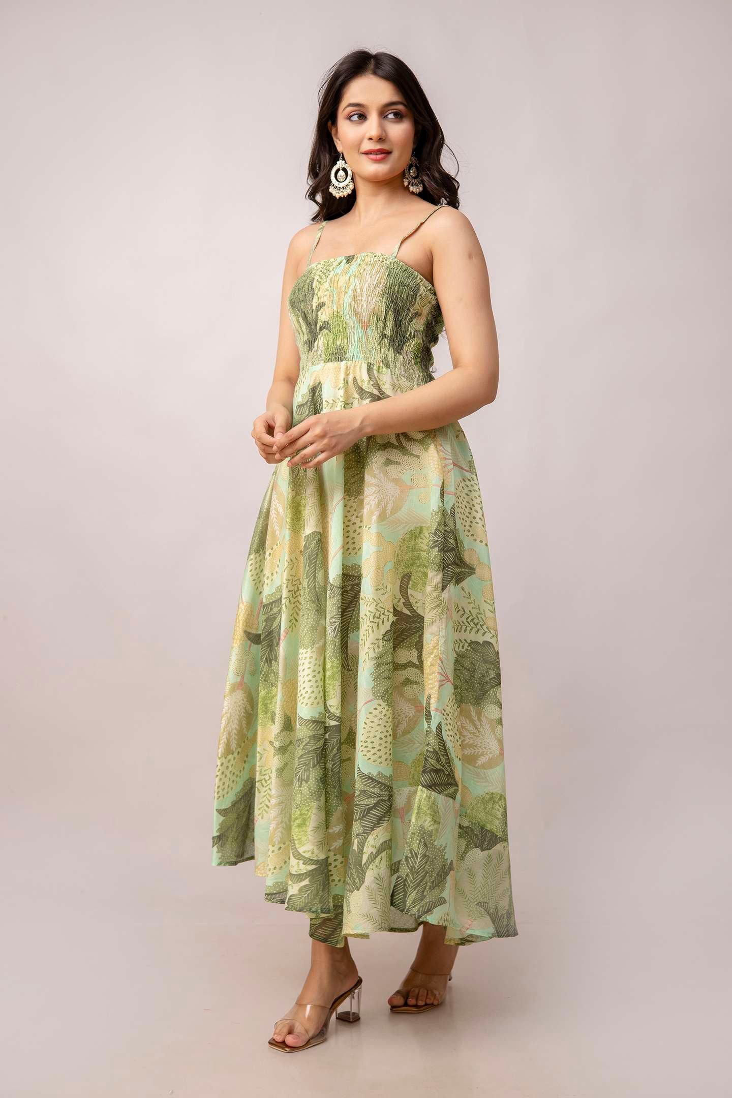 Women's Silk Printed Shoulder Straps Sleeveless Anarkali Gown Drees (Green) - Image 2