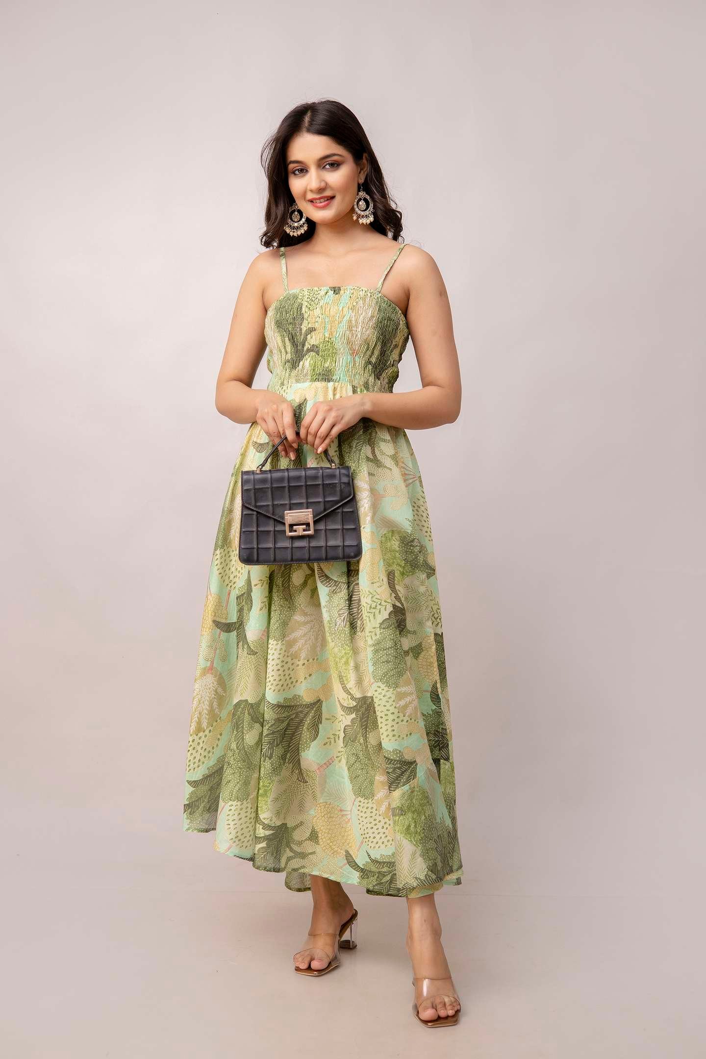 Women's Silk Printed Shoulder Straps Sleeveless Anarkali Gown Drees (Green) - Image 5