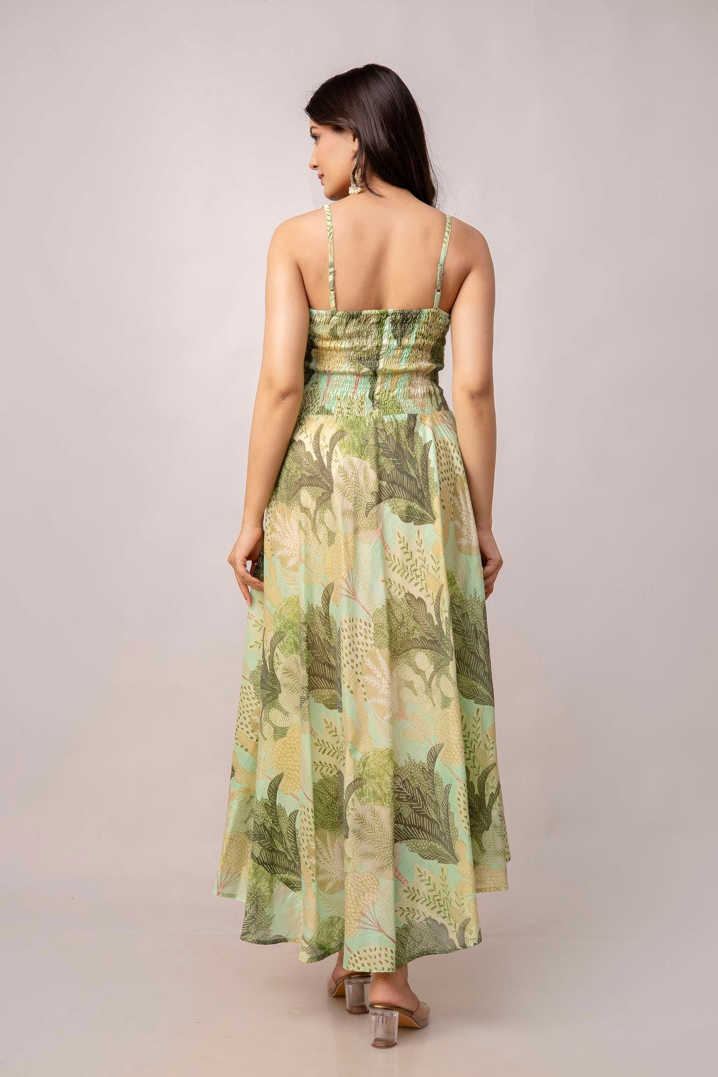 Women's Silk Printed Shoulder Straps Sleeveless Anarkali Gown Drees (Green) - Image 6