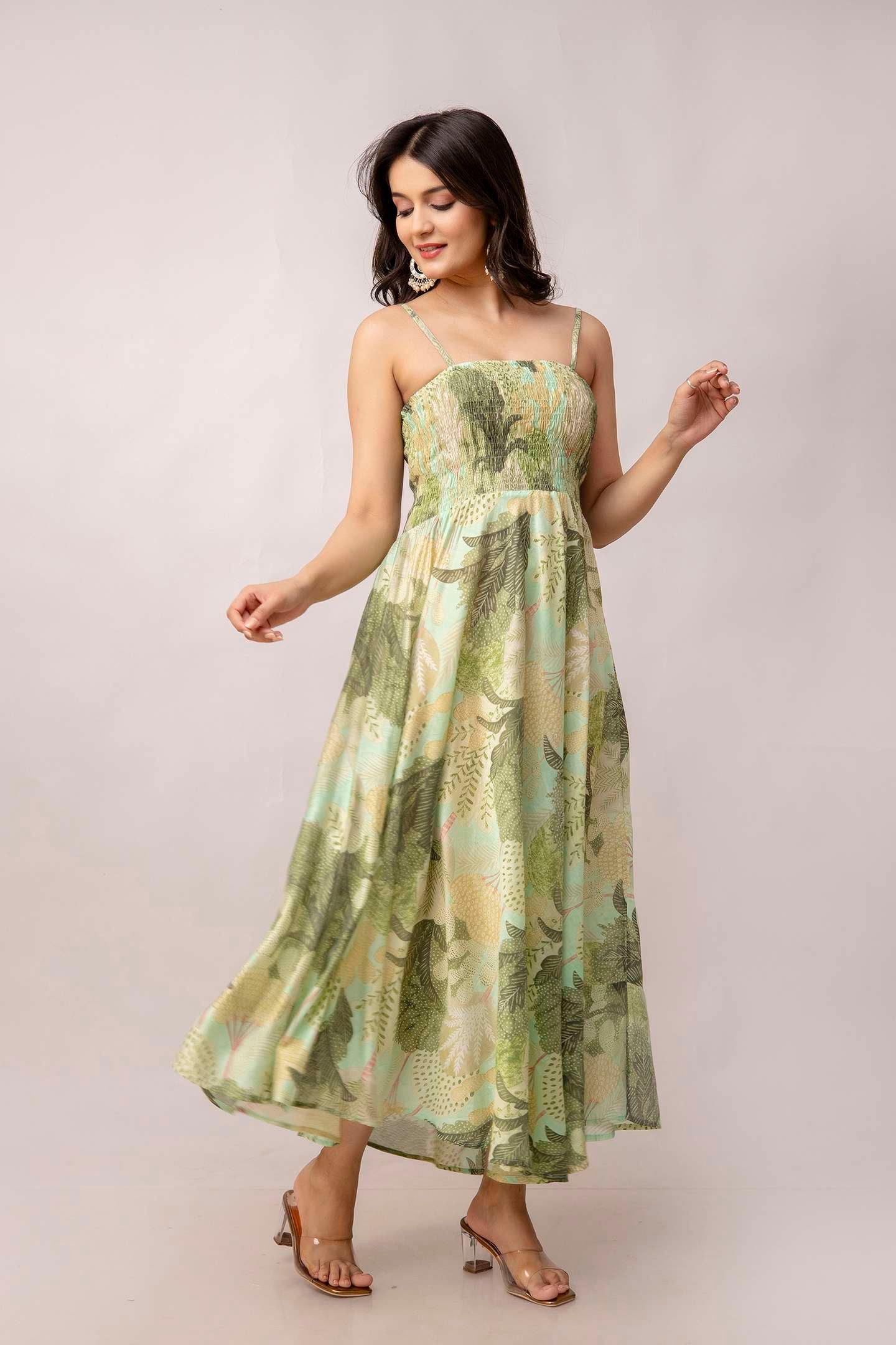 Women's Silk Printed Shoulder Straps Sleeveless Anarkali Gown Drees (Green) - Image 4